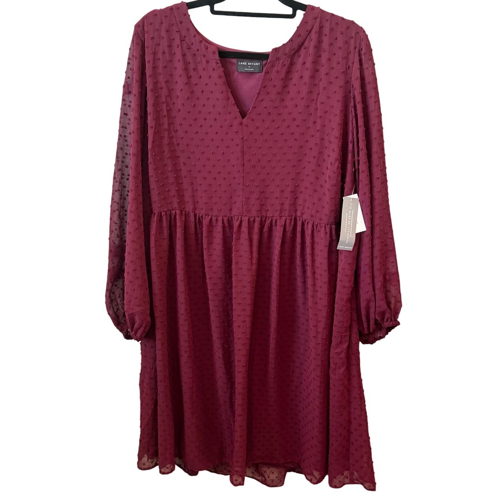 Lane Bryant Babydoll Dress Womens Burgundy Swiss Dot Long Sleeve Party 18